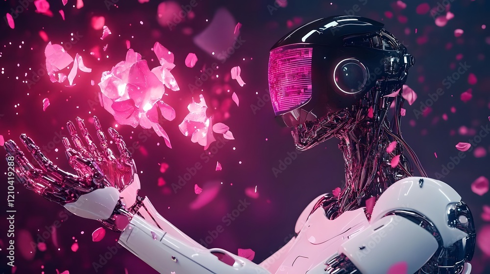 Poster a futuristic robot with a transparent visor manipulating pink particles.