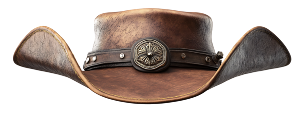 Pirate hat with a brown leather band and metal isolated on white background.PNG