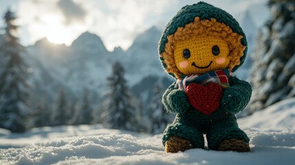 Smiling crocheted doll in winter clothes, holding heart, snowy mountain backdrop.
