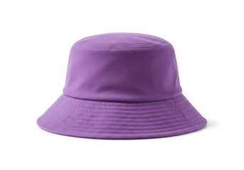 A simple purple bucket hat with a wide brim and soft fabric texture isolated on white background