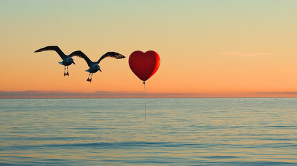 Fototapeta premium Two seagulls fly over calm ocean; heart-shaped balloon floats.