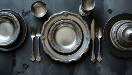Elegant vintage silver tableware on dark concrete background
