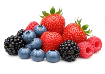 A fresh assortment of berries, including strawberries, blueberries, blackberries, and raspberries isolated on white background