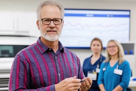 Mature man leads a seminar on environmental data utilizing a large screen to share insights and trends