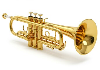 Obraz premium A shiny golden trumpet with intricate valves and a classic bell shape, symbolizing music and art isolated on white background