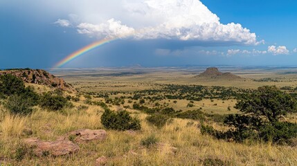 Naklejka premium Bright rainbow stretches from a dark storm cloud over a vast desert grassland landscape in the American Southwest.
