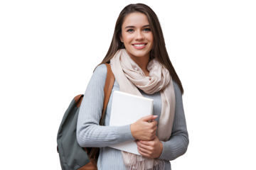 Smiling Student Girl with Backpack and Books isolated on transparent background 