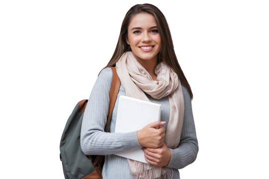Smiling Student Girl with Backpack and Books isolated on transparent background 
