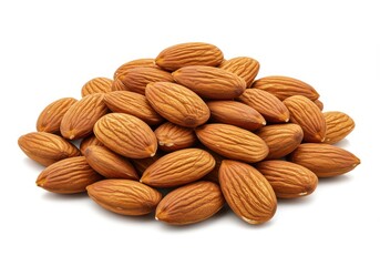 Fototapeta premium A neat pile of raw natural almonds with a rich brown color and textured surface isolated on white background