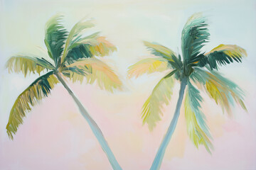 acrylic painting of two palm trees against a pastel sky