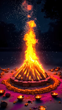 Bonfire with Festive Decorations  Holika Dahan Choti Holi Celebration 