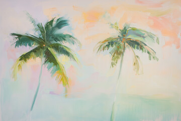 acrylic painting of two palm trees against a pastel sky