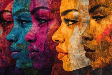 Ethnic diversity captured in bold, colorful abstract art with intricate textures