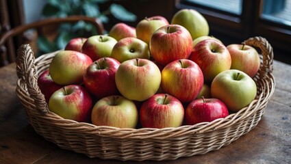 Fresh apples arranged beautifully in wicker tray