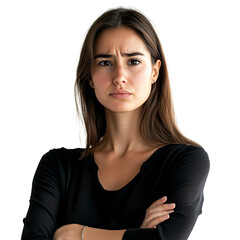 A frustrated woman with her arms crossed and brows furrowed, portraying a moment of irritation or deep thought
