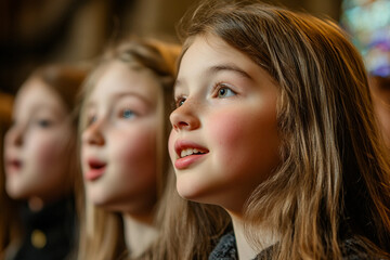 Obraz premium Children Singing in Church Choir with Focused Expressions, Generative AI