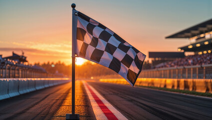 Obraz premium Checkered flag waving at sunset on a racetrack