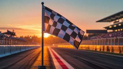 Fototapete Rund Checkered flag waving at sunset on a racetrack © janzwolinski