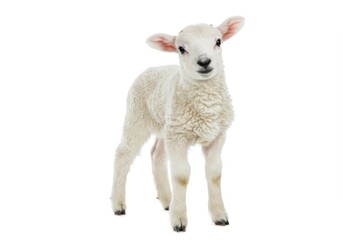Obraz premium A fluffy white lamb standing with a slight tilt to its head isolated on a white background