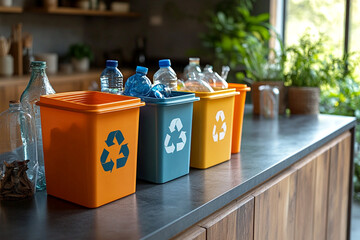 Colorful recycling bins for glass, plastic, and metal on a kitchen counter, surrounded by bottles and jars, promoting sustainability and eco-friendly living