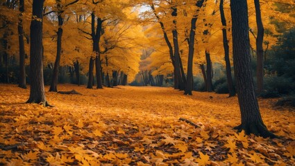 Golden autumn woodland blanketed in colorful leaves