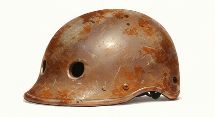 Fototapeta premium Rusty Vintage Helmet Weathered Metal Scratched Surface Military Headgear Antique Safety Gear