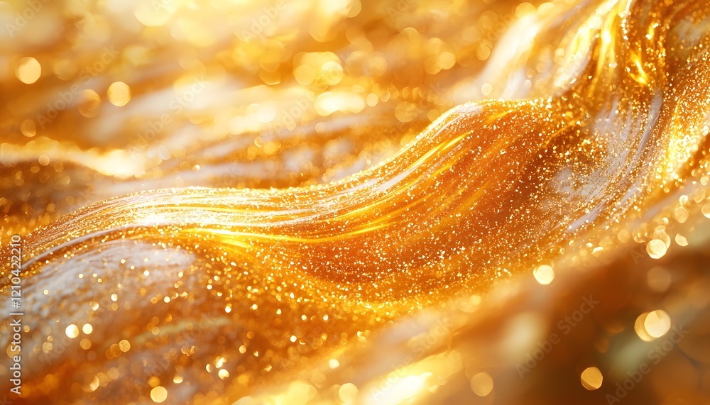 Poster shimmering golden waves of light reflecting sparkles in an abstract background of lush fluid movemen