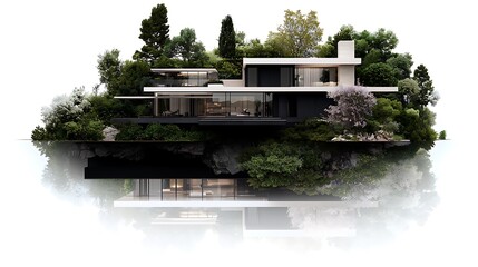 Obraz premium Modern architectural design of a luxury house surrounded by lush greenery and reflective waters