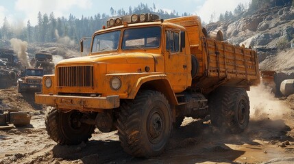 Orange truck driving quarry, dust, off-road