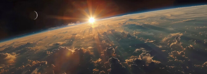 Total solar eclipse viewed from space, highlighting Earth and celestial alignment