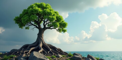 Fototapeta premium Stunted tree battling harsh winds, exposed roots gripping stone, foliage, endurance