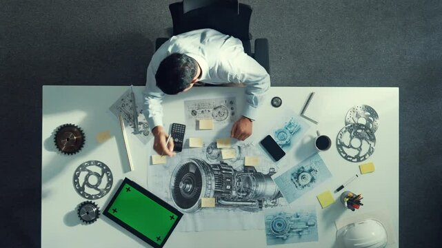 Top view of engineer looking at phone while working on tablet with green screen at meeting table with turbine engine or jet engine sketch design and various metal gear scatter around. Alimentation.