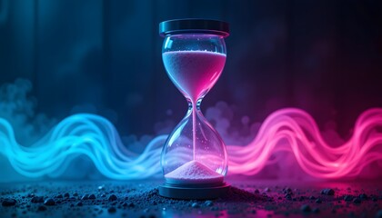 A conceptual hourglass with flowing liquid light in shades of cyan and magenta instead of sand, The glass body is sleek and futuristic, glowing faintly in a dark mysterious room.
