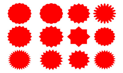 Set of black price sticker, sale or discount sticker, sunburst badges icon. Stars shape with different number of rays. Special offer price tag. Red starburst promotional badge set, shopping labels 