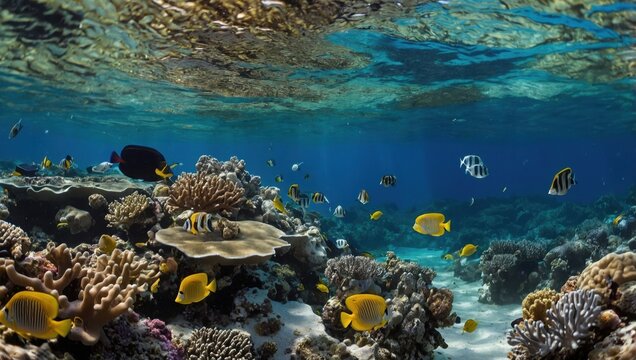 coral reef with swimming fish