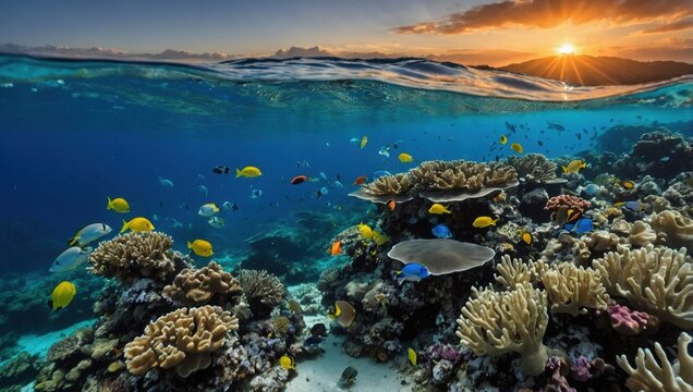 coral reef with swimming fish