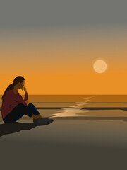 A woman sits on a sandy beach by the sea watching the sunset.
