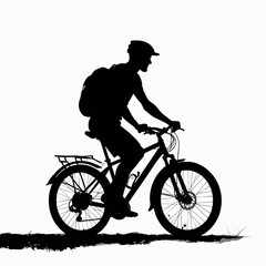 Fototapeta premium Silhouette of a male cyclist riding a bicycle with a backpack