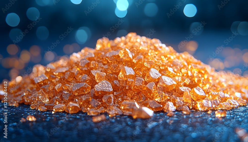 Poster close-up view of sparkling orange sugar crystals with shimmering blue background and bokeh effect fo