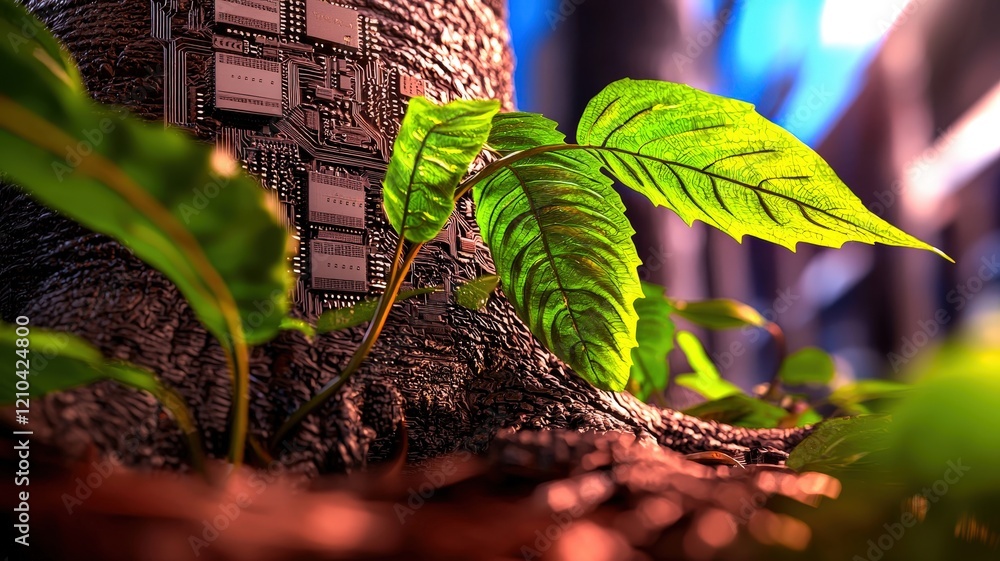 Poster a futuristic blend of nature and technology, featuring lush green leaves growing around a tree's bas