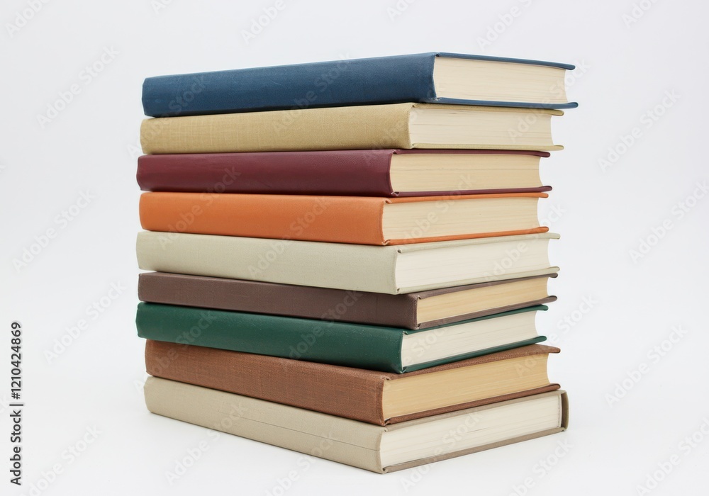 Poster a neat stack of hardcover books in different colors with visible spines and pages, isolated on a whi