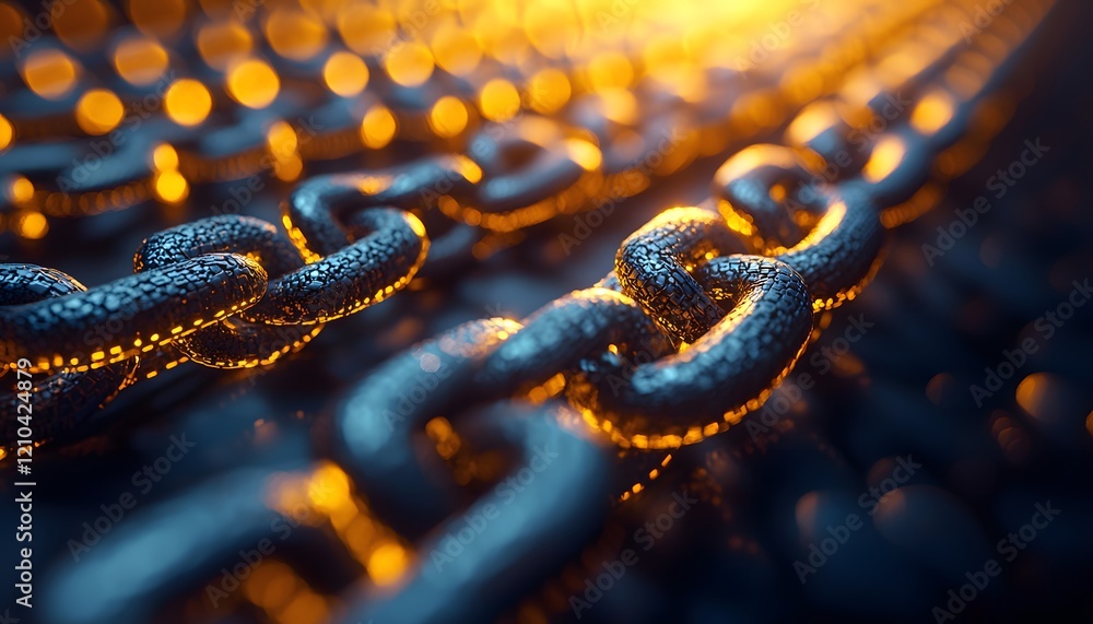 Aufkleber Close-Up Capture of Shimmering Metallic Chains Highlighting Intricate Link Design Against a Soft Blurred Background with Warm Luminescent Glow