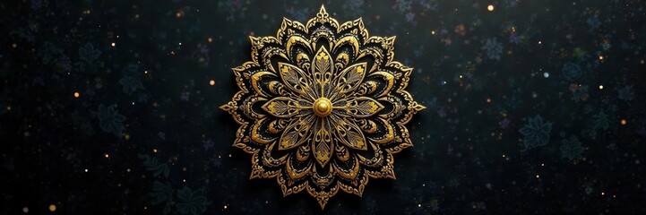Intricate gold mandala on deep black backdrop, background, boho