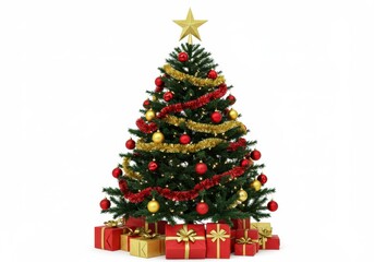 A decorated Christmas tree with red and gold ornaments and wrapped presents underneath, isolated on a white background