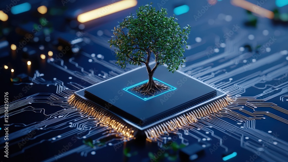 Poster a digital tree grows from a microchip, symbolizing the fusion of nature and technology in a futurist