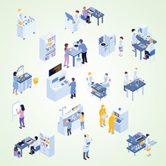 colored isometric scientific laboratory icon set with laboratory workers their workplaces