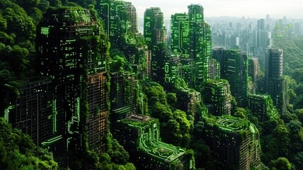 Obraz premium A futuristic cityscape where skyscrapers are overrun by lush greenery, blending nature with urban architecture in a vibrant ecosystem.
