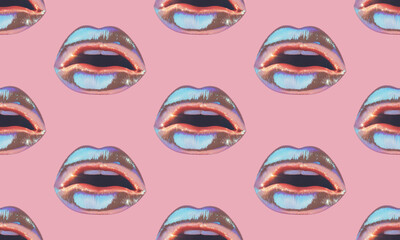 Metallic lips with slightly parted showing teeth are arranged in a captivating seamless pattern against a vibrant pink backdrop, creating a striking visual contrast