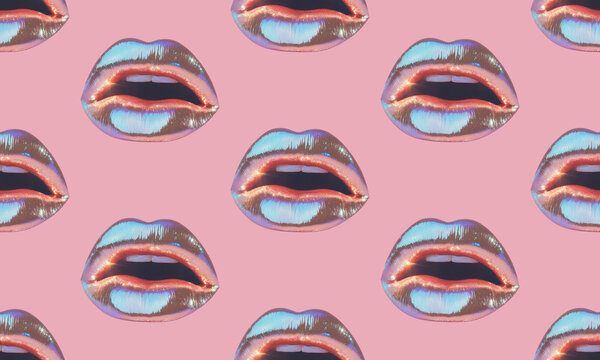 Fototapeta Metallic lips with slightly parted showing teeth are arranged in a captivating seamless pattern against a vibrant pink backdrop, creating a striking visual contrast