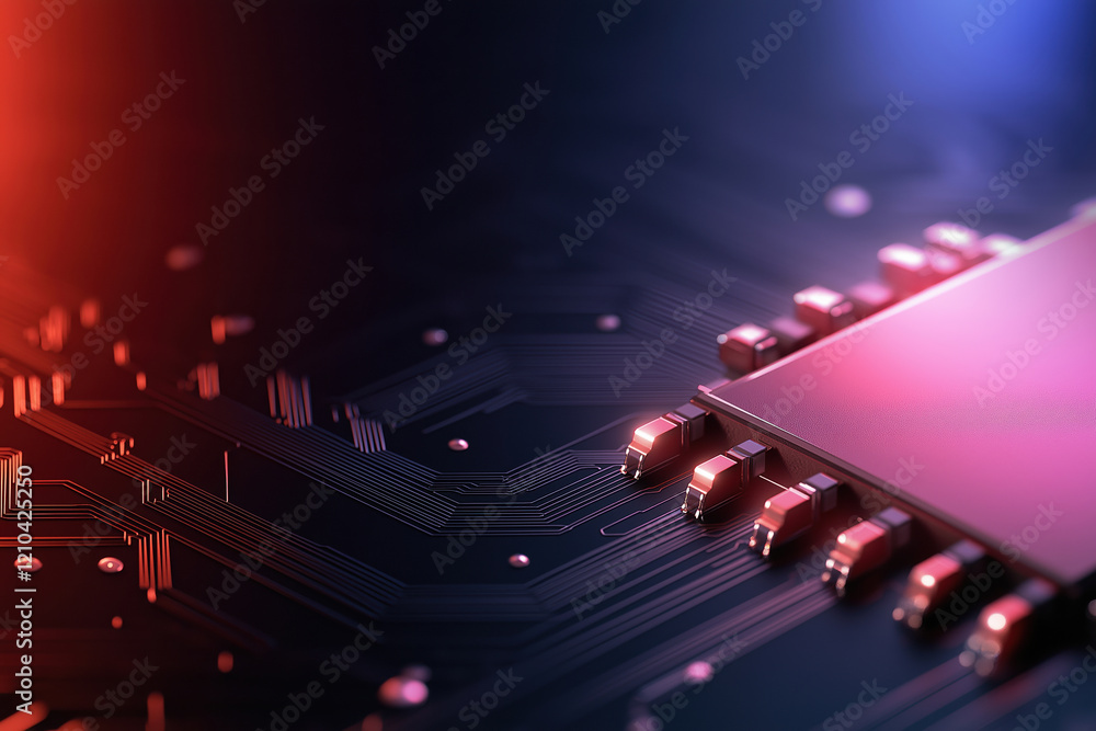 Poster close-up view of a computer chip on a circuit board highlighting intricate details